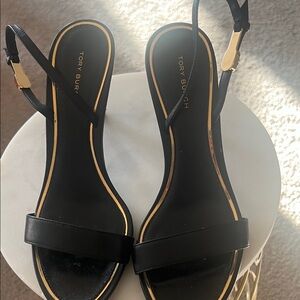 Tory Burch Black Leather Gold-Trim Slingback Sandals